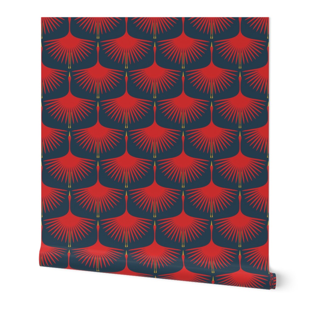 Art Deco Swans - Red on Navy