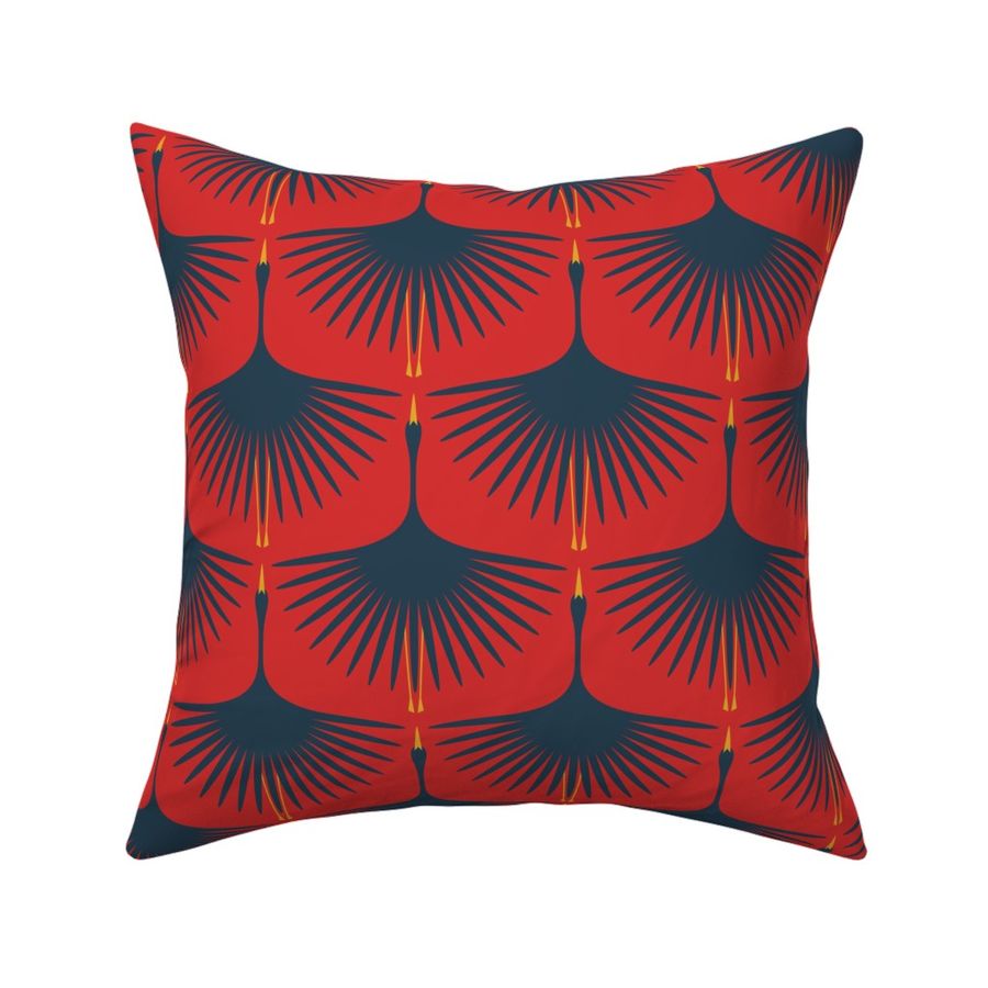 Art Deco Swans - Navy on Red