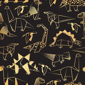 Small scale // Origami metallic dino friends // black background golden lined dinosaurs