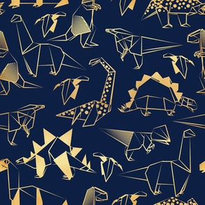 Small scale // Origami metallic dino friends // oxford navy blue background golden lined dinosaurs