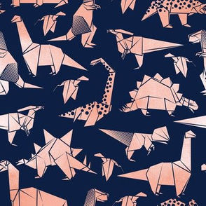 Small scale // Origami metallic dino friends // oxford navy blue background metal rose dinosaurs