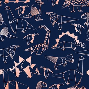Small scale // Origami metallic dino friends // oxford navy blue background metal rose lined dinosaurs