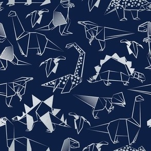 Small scale // Origami metallic dino friends // oxford navy blue background silver lined dinosaurs