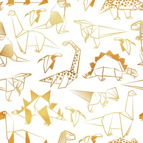 Normal scale // Origami metallic dino friends // white background golden lined dinosaurs
