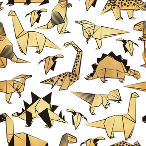 Normal scale // Origami metallic dino friends // white background golden dinosaurs