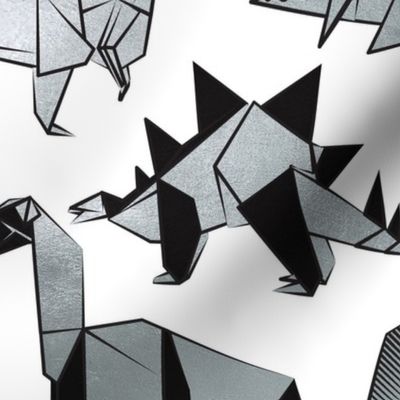 Normal scale // Origami metallic dino friends // white background silver dinosaurs