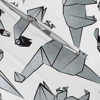 Normal scale // Origami metallic dino friends // white background silver dinosaurs