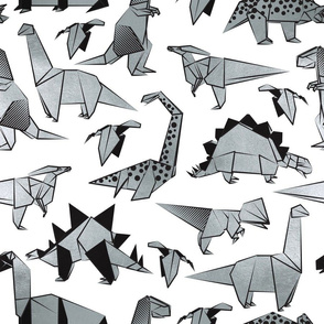 Normal scale // Origami metallic dino friends // white background silver dinosaurs