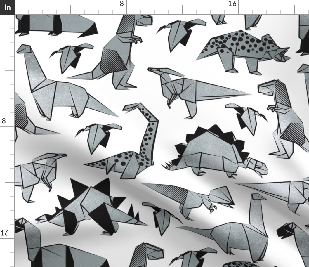 Normal scale // Origami metallic dino friends // white background silver dinosaurs