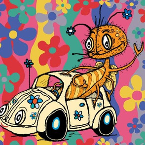 that '70s bug, or a bug in a bug, large scale, blue pink red yellow green lavender