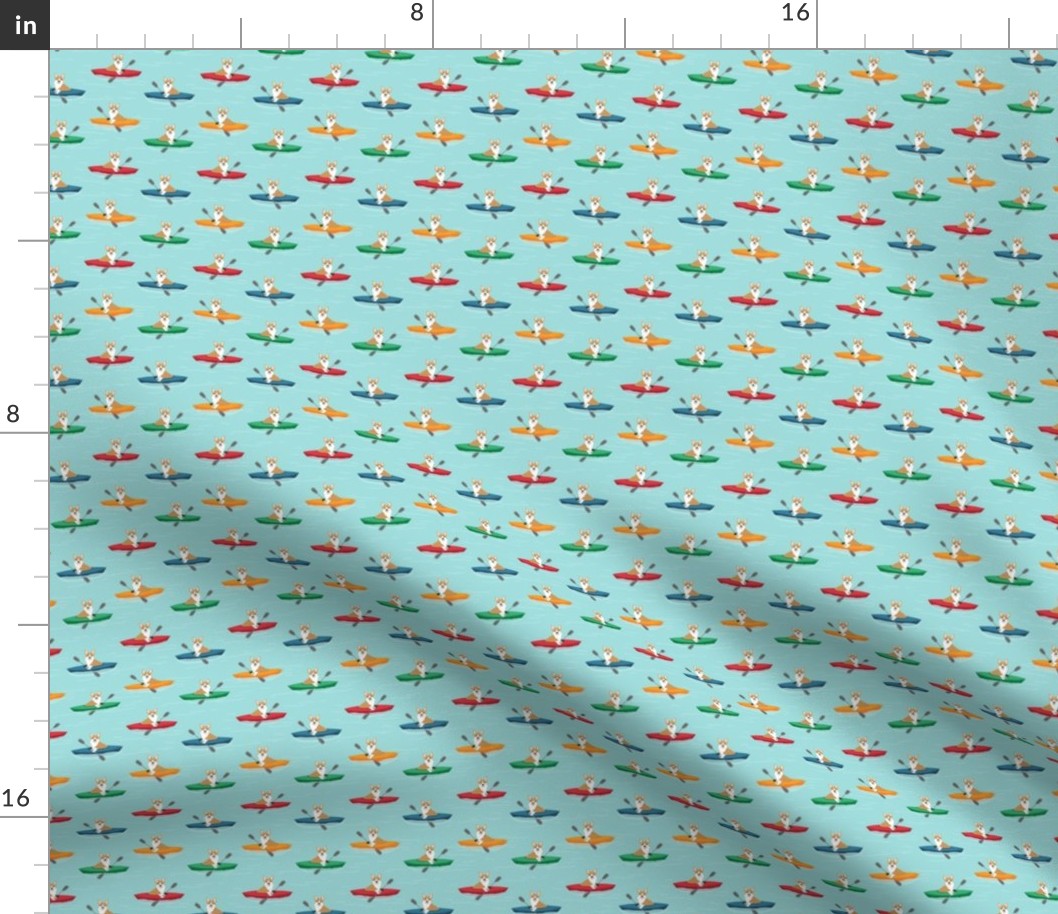 TINY - corgis in kayaks fabric cute outdoors dog fabric - blue tint