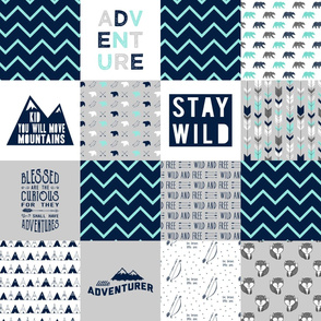 wholecloth adventure - navy and light teal (blessed are the curious) patchwork fabric - woodland foxes - LAD19