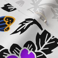 Purple Blue and Orange Scratchboard Flowers and Butterflies on White