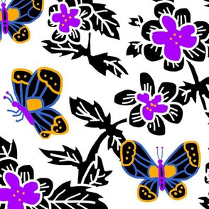 Purple Blue and Orange Scratchboard Flowers and Butterflies on White