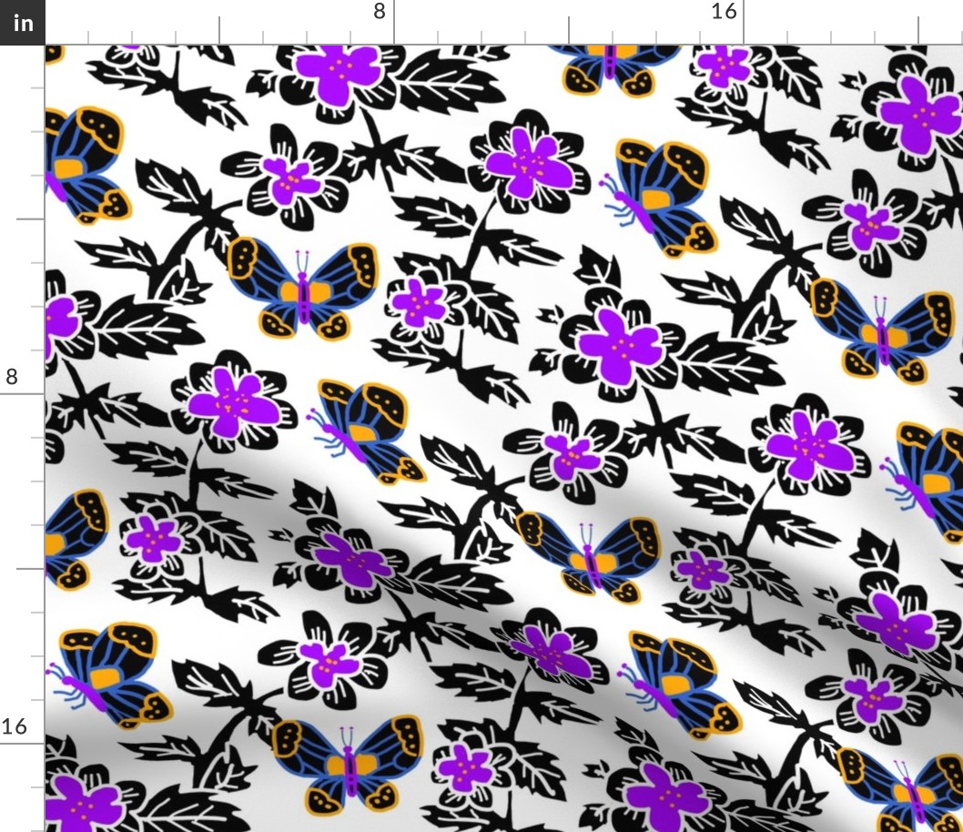 Purple Blue and Orange Scratchboard Flowers and Butterflies on White