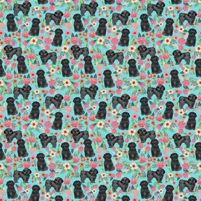 TINY - black shih tzu floral fabric - dog fabric, shih tzu fabric, cute dog fabric - turquoise