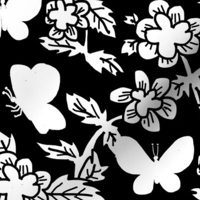Black and White Silhouette Butterflies and Flowers