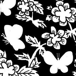 Black and White Silhouette Butterflies and Flowers