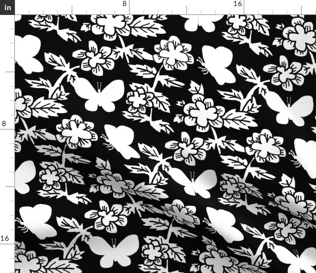 Black and White Silhouette Butterflies and Flowers
