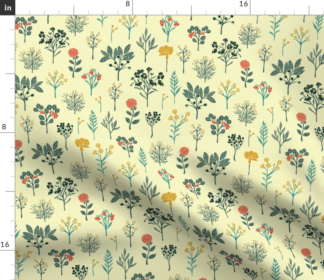 Dainty Yellow, Red, Teal & Cream Floral Pattern