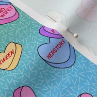 Candy Hearts for feminist Valentines, rainbow horizontal