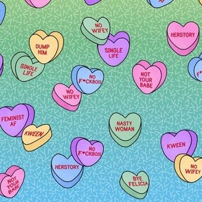 Candy Hearts for feminist Valentines, rainbow horizontal