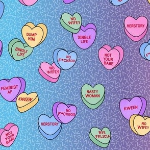 Candy Hearts for feminist Valentines, rainbow vertical