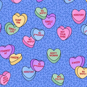 Candy Hearts for feminist Valentines, blue