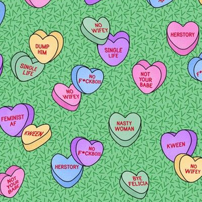 Candy Hearts for feminist Valentines, green