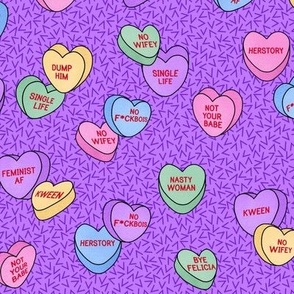 Candy Hearts for feminist Valentines, purple
