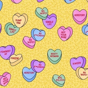 Candy Hearts for feminist Valentines, yellow