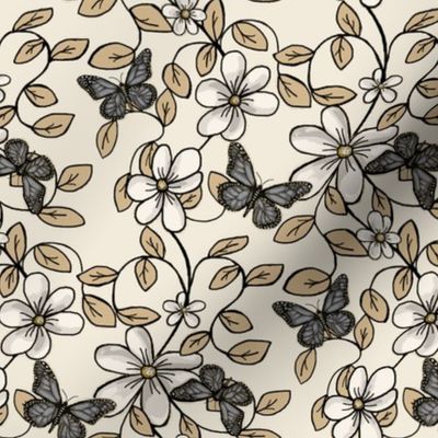 Flowers & Flutters / Vines & Butterflies  2 on Light Tan w/ grey and gold  