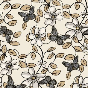 Flowers & Flutters / Vines & Butterflies  2 on Light Tan w/ grey and gold  