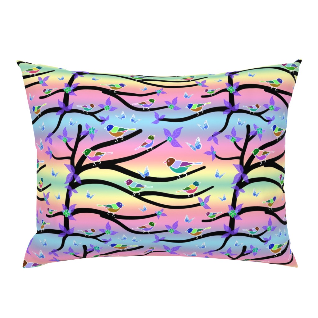 Fantasy Spring Garden - inverse, black branches on rainbow sunset, large 