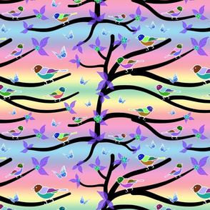 Fantasy Spring Garden - inverse, black branches on rainbow sunset, large 