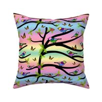 Fantasy Spring Garden - original, black branches on rainbow sunset, large 