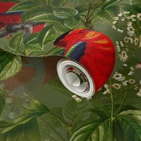 18" Vintage Red Parrots Birds Flower Jungle Green