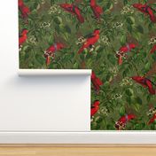 18" Vintage Red Parrots Birds Flower Jungle Green