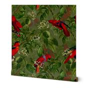 18" Vintage Red Parrots Birds Flower Jungle Green