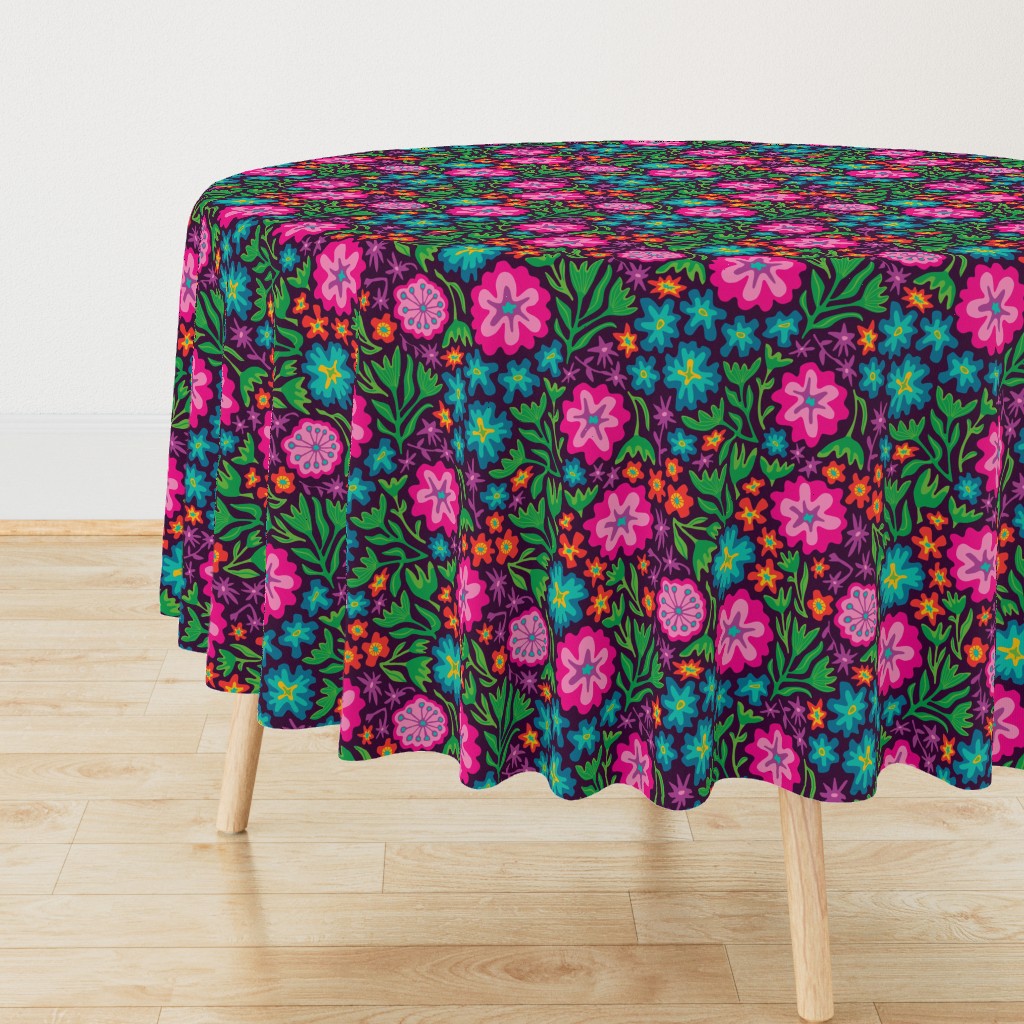 Sayulita 70s Mexican-Inspired Tropical Floral Botanical in Bright Rainbow Colours on Deep Purple - LARGE Scale - UnBlink Studio by Jackie Tahara