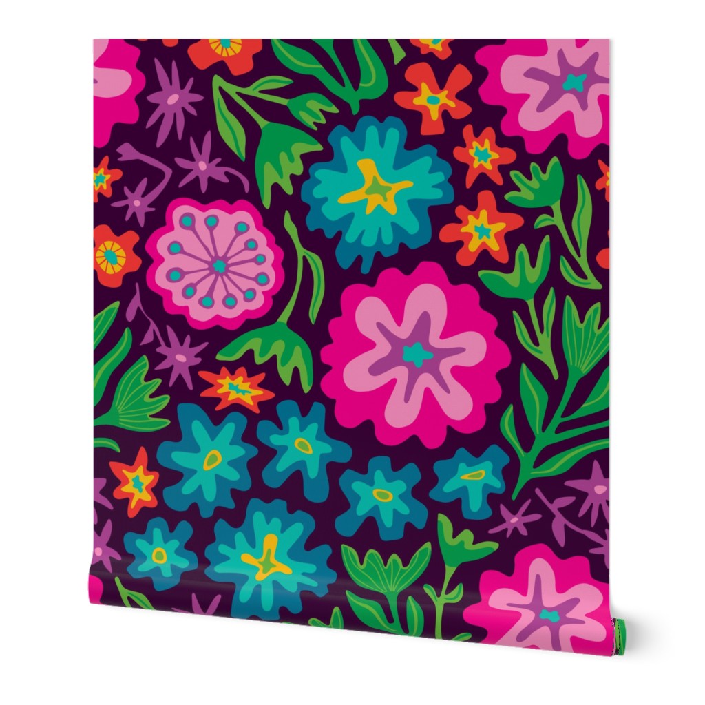 Sayulita 70s Mexican-Inspired Tropical Floral Botanical in Bright Rainbow Colours on Deep Purple - LARGE Scale - UnBlink Studio by Jackie Tahara