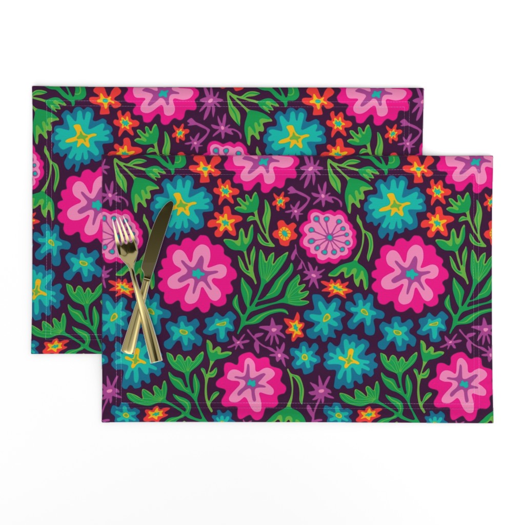 Sayulita 70s Mexican-Inspired Tropical Floral Botanical in Bright Rainbow Colours on Deep Purple - LARGE Scale - UnBlink Studio by Jackie Tahara