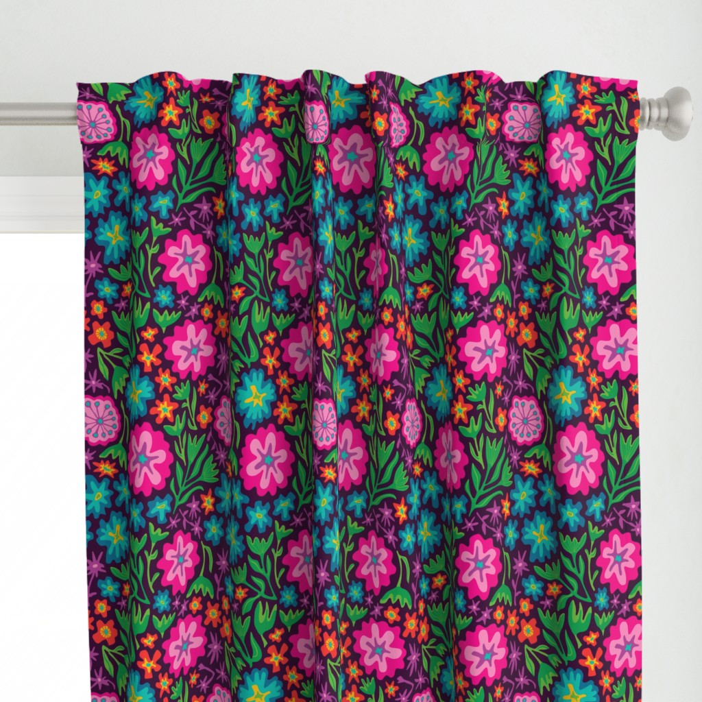 Sayulita 70s Mexican-Inspired Tropical Floral Botanical in Bright Rainbow Colours on Deep Purple - LARGE Scale - UnBlink Studio by Jackie Tahara