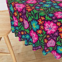 Sayulita 70s Mexican-Inspired Tropical Floral Botanical in Bright Rainbow Colours on Deep Purple - LARGE Scale - UnBlink Studio by Jackie Tahara