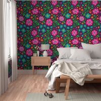 Sayulita 70s Mexican-Inspired Tropical Floral Botanical in Bright Rainbow Colours on Deep Purple - LARGE Scale - UnBlink Studio by Jackie Tahara