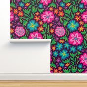 Sayulita 70s Mexican-Inspired Tropical Floral Botanical in Bright Rainbow Colours on Deep Purple - LARGE Scale - UnBlink Studio by Jackie Tahara