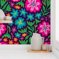 Sayulita 70s Mexican-Inspired Tropical Floral Botanical in Bright Rainbow Colours on Deep Purple - LARGE Scale - UnBlink Studio by Jackie Tahara