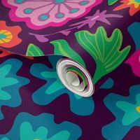 Sayulita 70s Mexican-Inspired Tropical Floral Botanical in Bright Rainbow Colours on Deep Purple - LARGE Scale - UnBlink Studio by Jackie Tahara