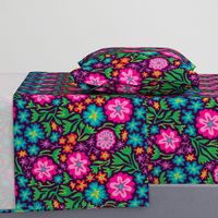 Sayulita 70s Mexican-Inspired Tropical Floral Botanical in Bright Rainbow Colours on Deep Purple - LARGE Scale - UnBlink Studio by Jackie Tahara