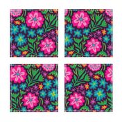 Sayulita 70s Mexican-Inspired Tropical Floral Botanical in Bright Rainbow Colours on Deep Purple - LARGE Scale - UnBlink Studio by Jackie Tahara